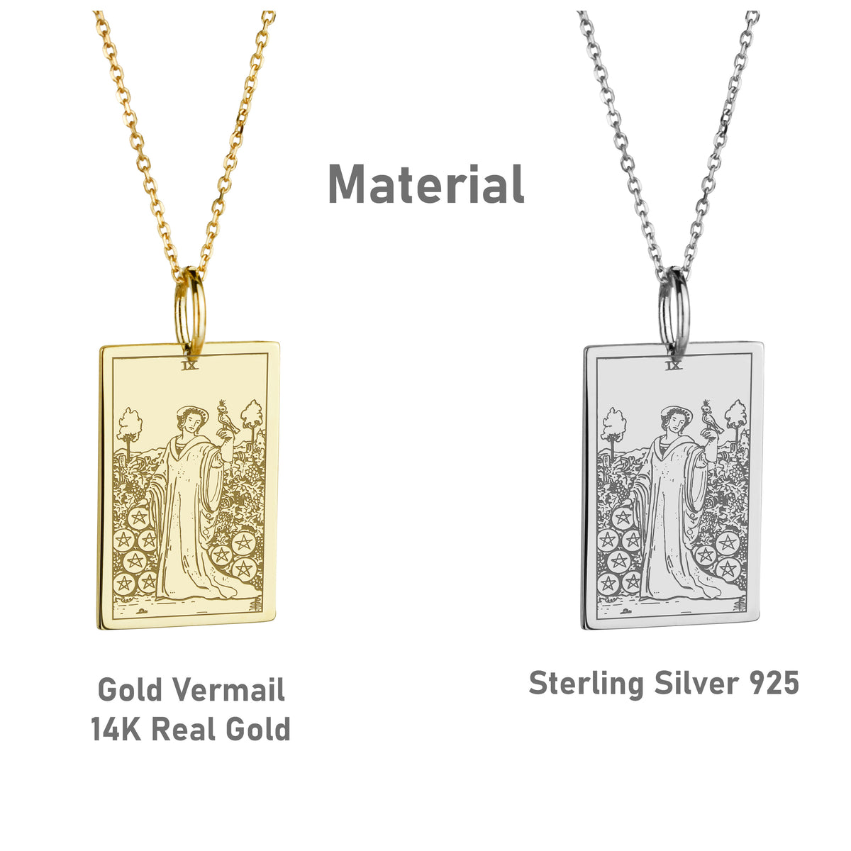 14K Gold Nine of Pentacles Tarot Card Pendant Necklace