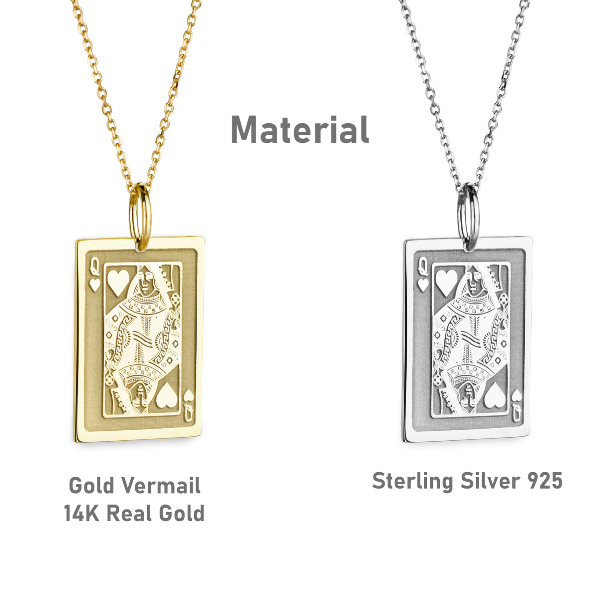 14K Gold Queen of Hearts Playing Card Pendant Necklace