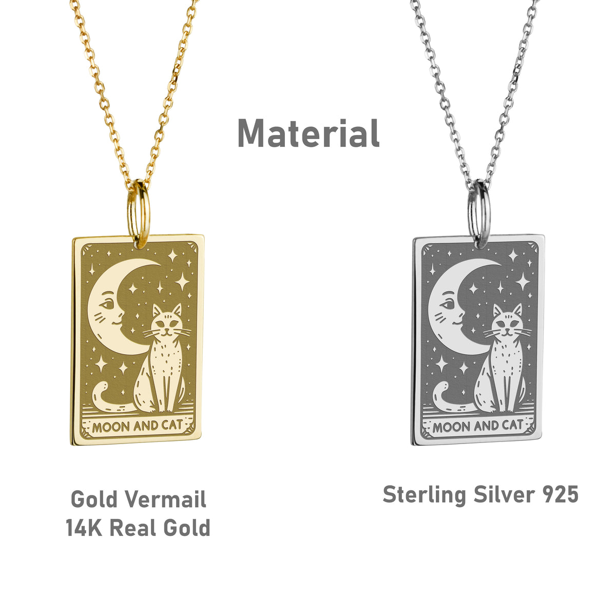 14K Gold Moon and Cat Pendant Necklace