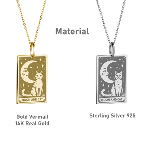 14K Gold Moon and Cat Pendant Necklace