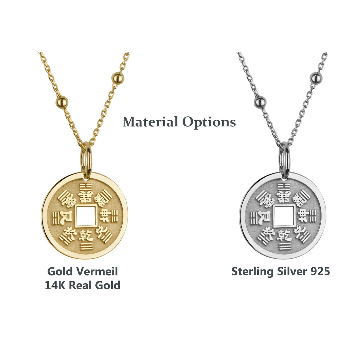 14K Gold I Ching Eight Trigrams Coin Pendant Necklace
