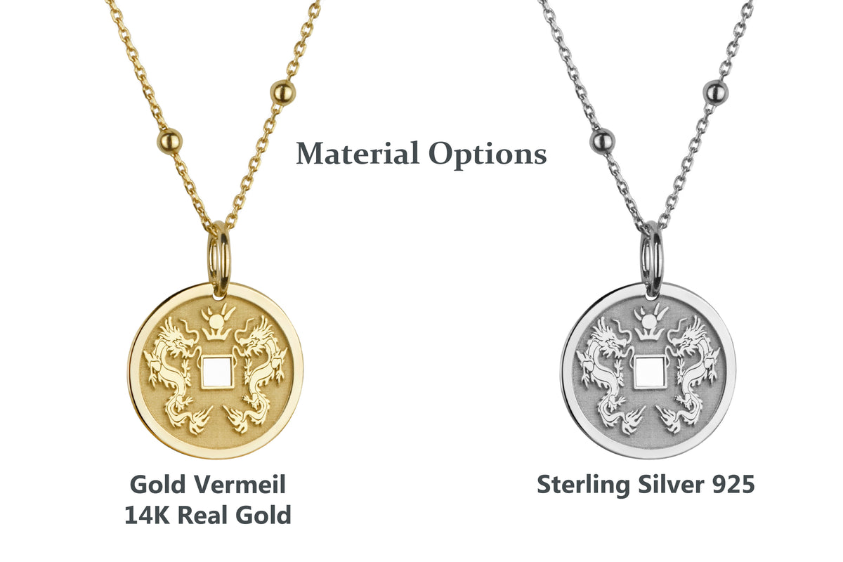 14K Gold Chinese Double Dragon Coin Pendant Necklace