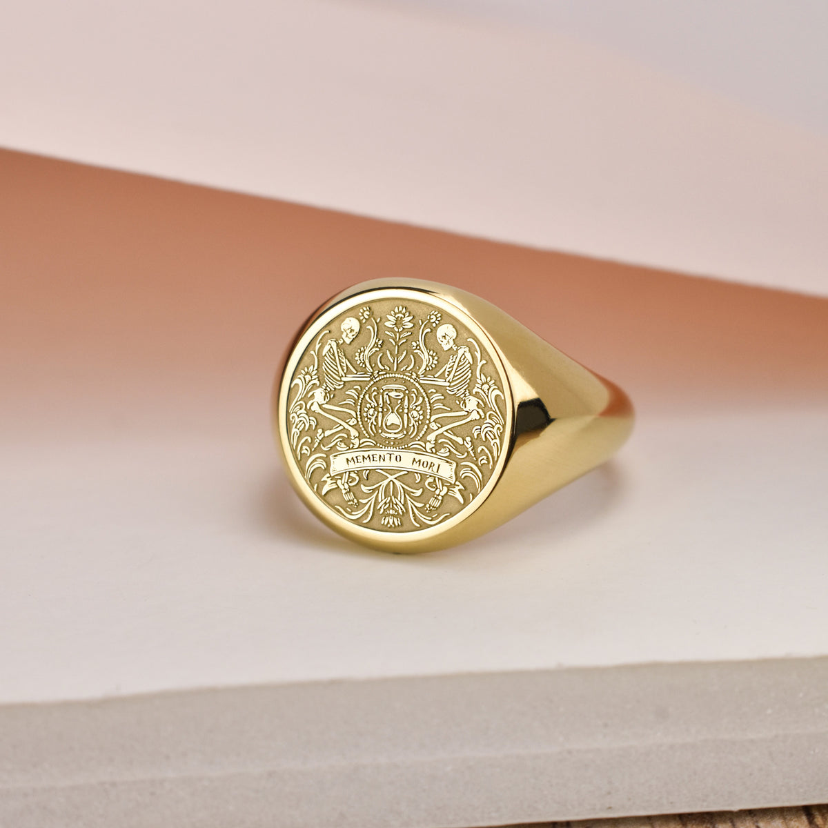 14K Gold Memento Mori Skeleton Signet Ring
