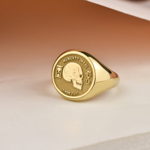 14K Gold Memento Mori Skull Signet Ring