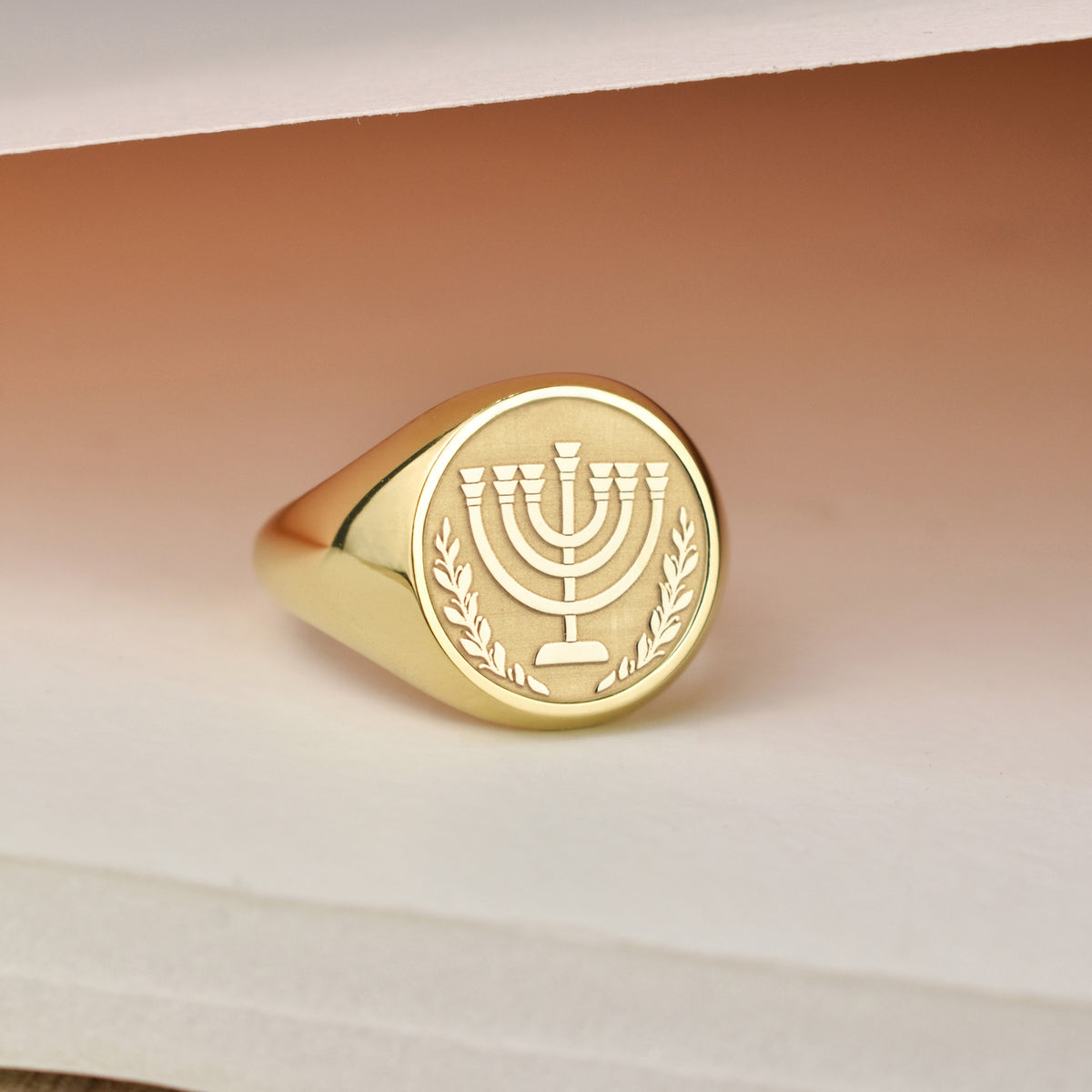14K Gold Menorah Signet Ring