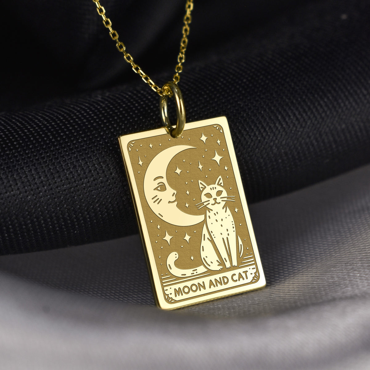 14K Gold Moon and Cat Pendant Necklace