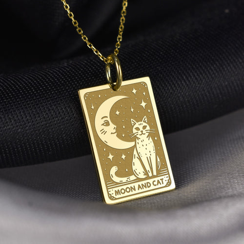 14K Gold Moon and Cat Pendant Necklace