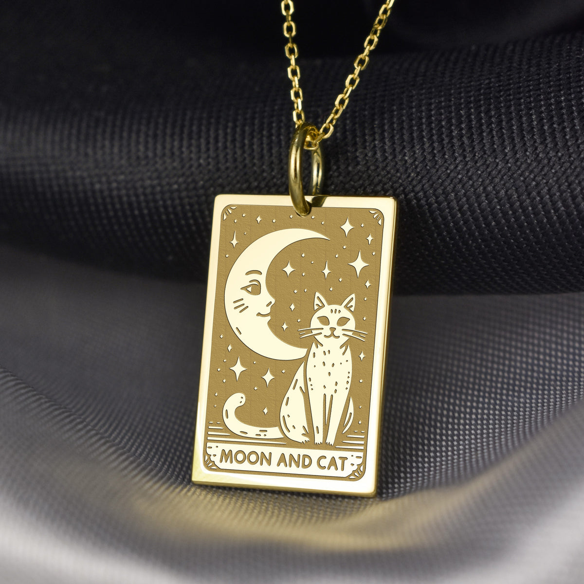 14K Gold Moon and Cat Pendant Necklace