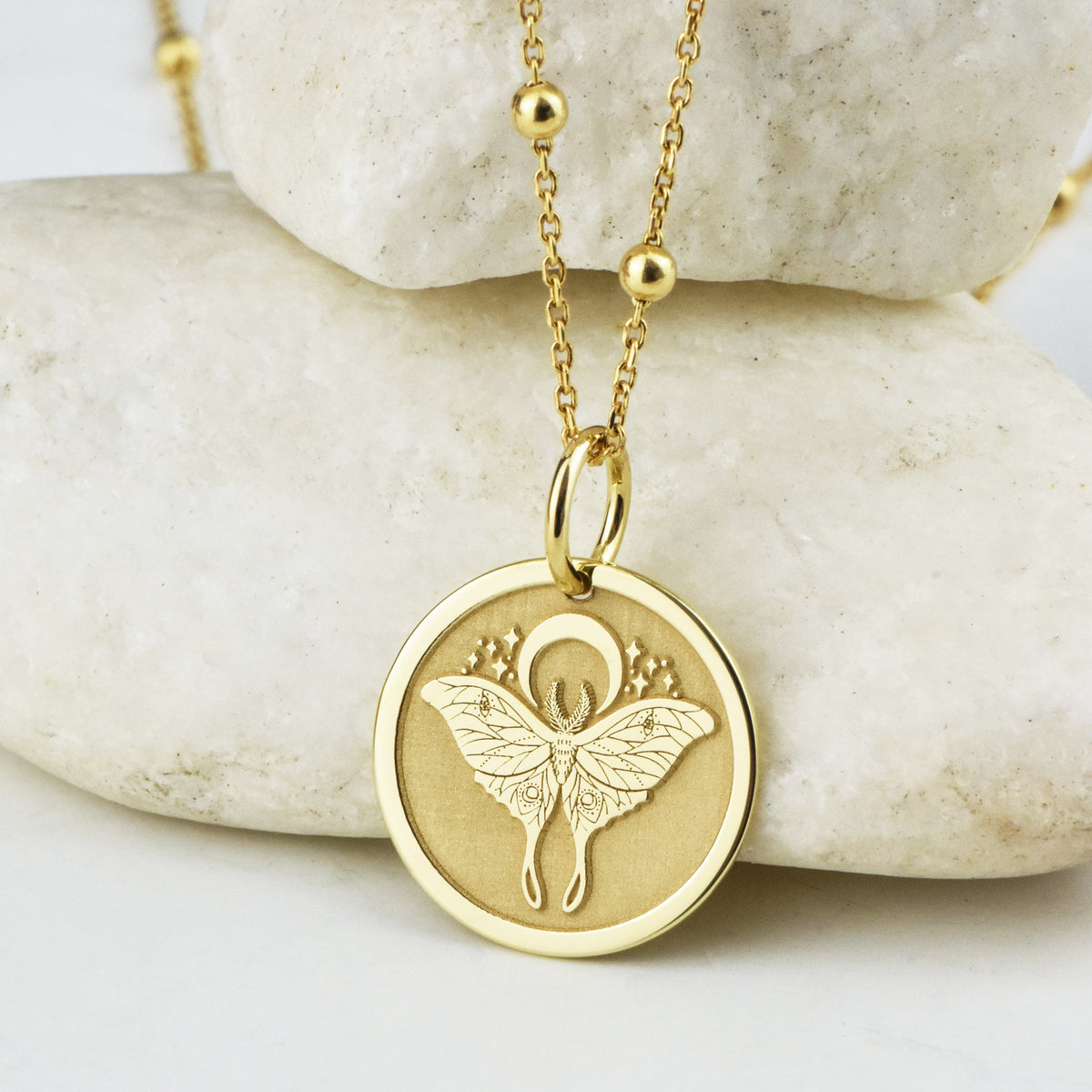 14K Gold Luna Moth Moon Pendant Necklace