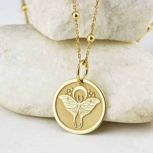 14K Gold Luna Moth Moon Pendant Necklace