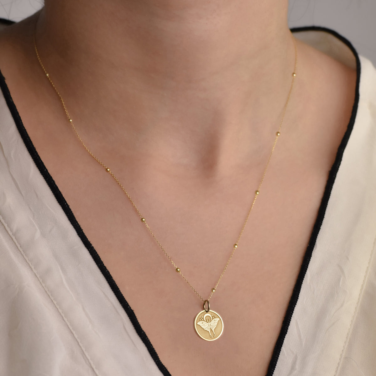 14K Gold Luna Moth Moon Pendant Necklace