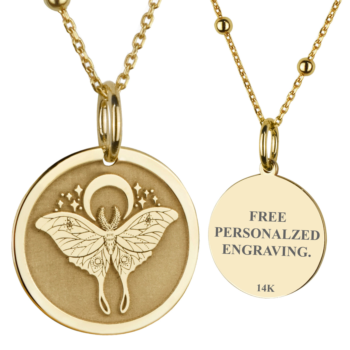 14K Gold Luna Moth Moon Pendant Necklace