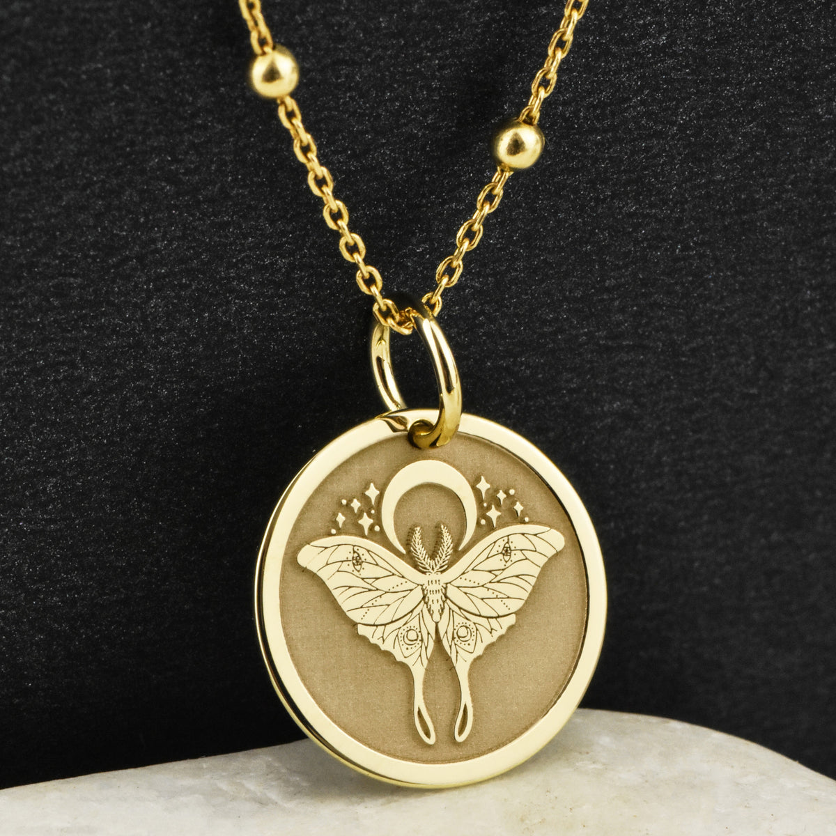 14K Gold Luna Moth Moon Pendant Necklace