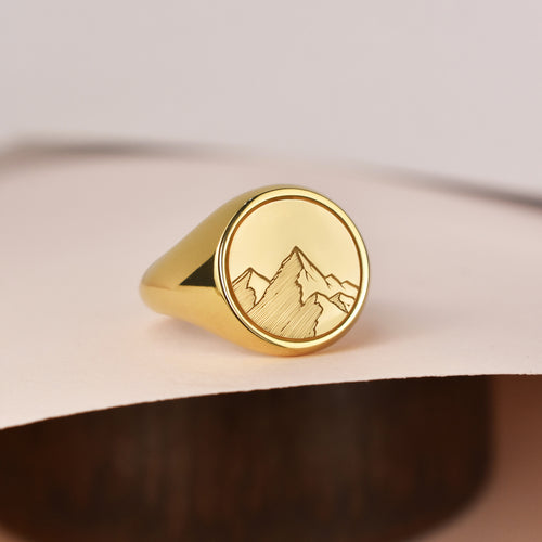 14K Gold Mountain Signet Ring
