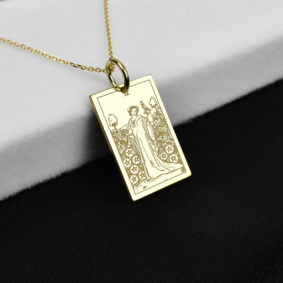 14K Gold Nine of Pentacles Tarot Card Pendant Necklace