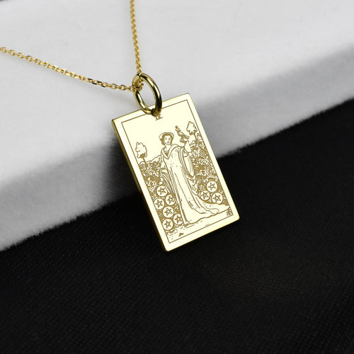 14K Gold Nine of Pentacles Tarot Card Pendant Necklace