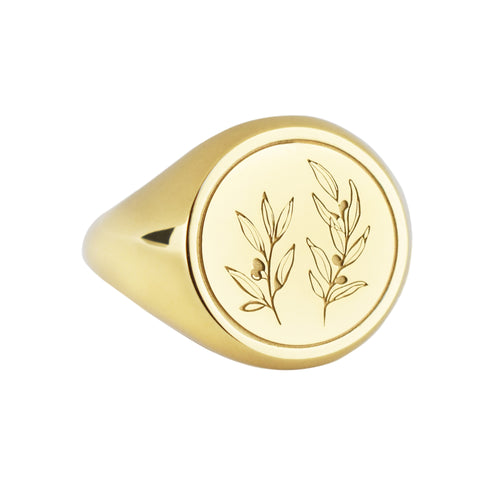 14K Gold Olive Branch Signet Ring