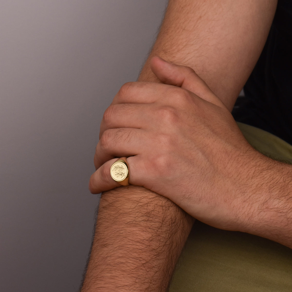 14K Gold Olive Branch Signet Ring