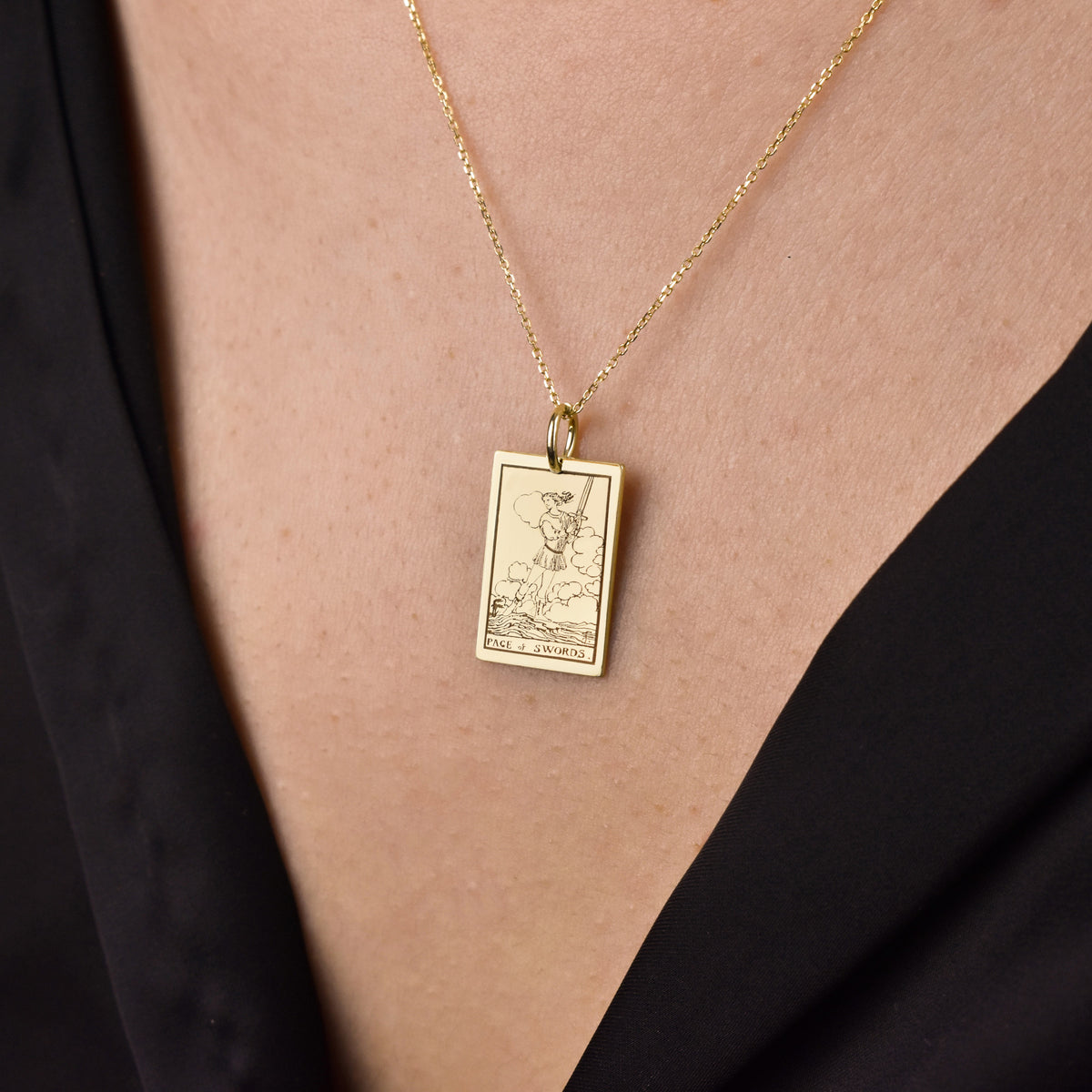 14K Gold Page of Swords Tarot Card Pendant Necklace