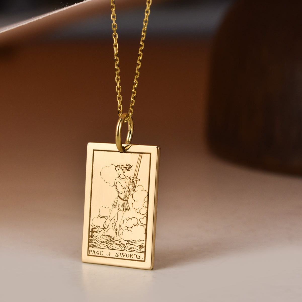 14K Gold Page of Swords Tarot Card Pendant Necklace