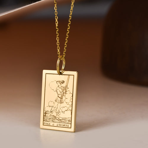 14K Gold Page of Swords Tarot Card Pendant Necklace