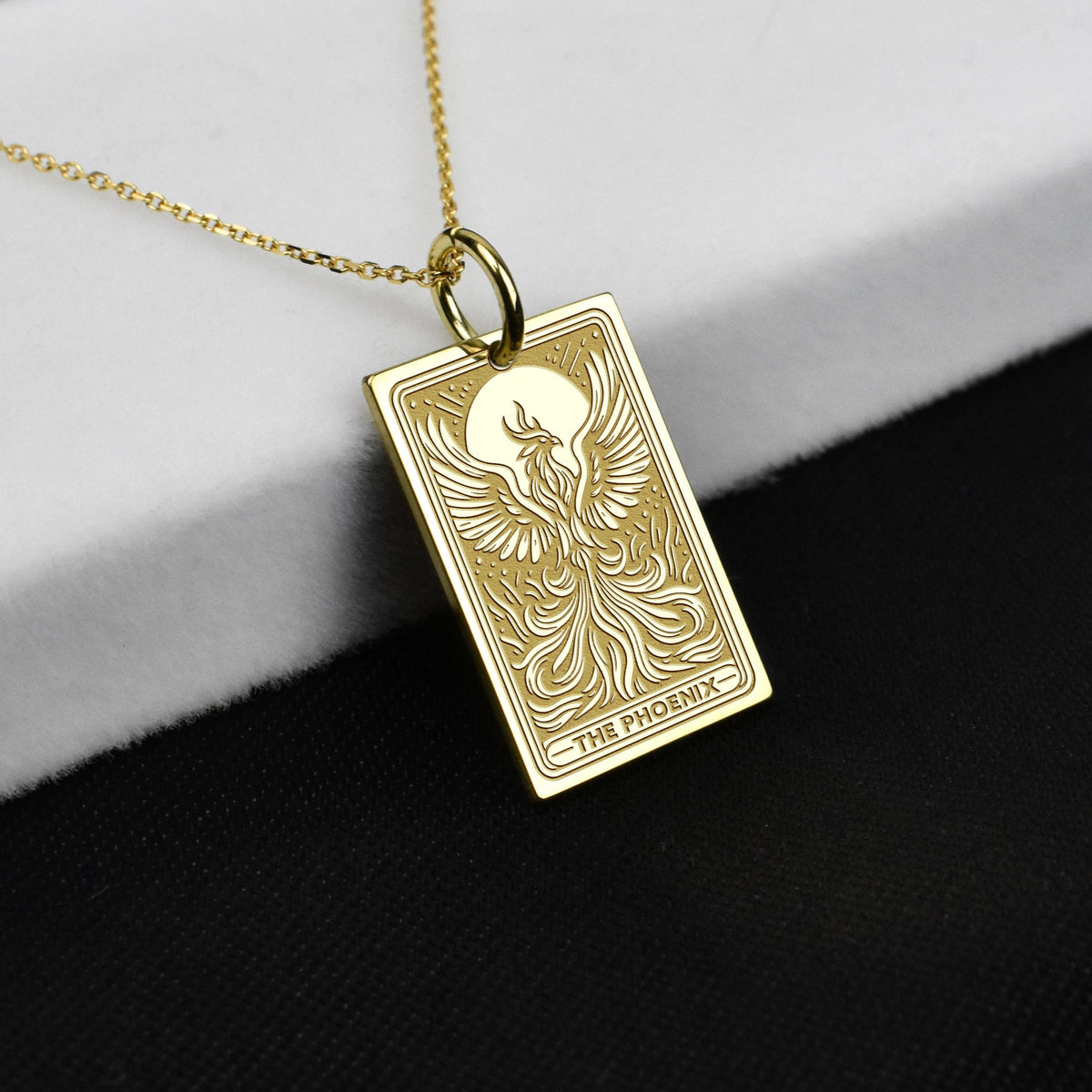 14K Gold Phoenix Tarot Card Pendant Necklace