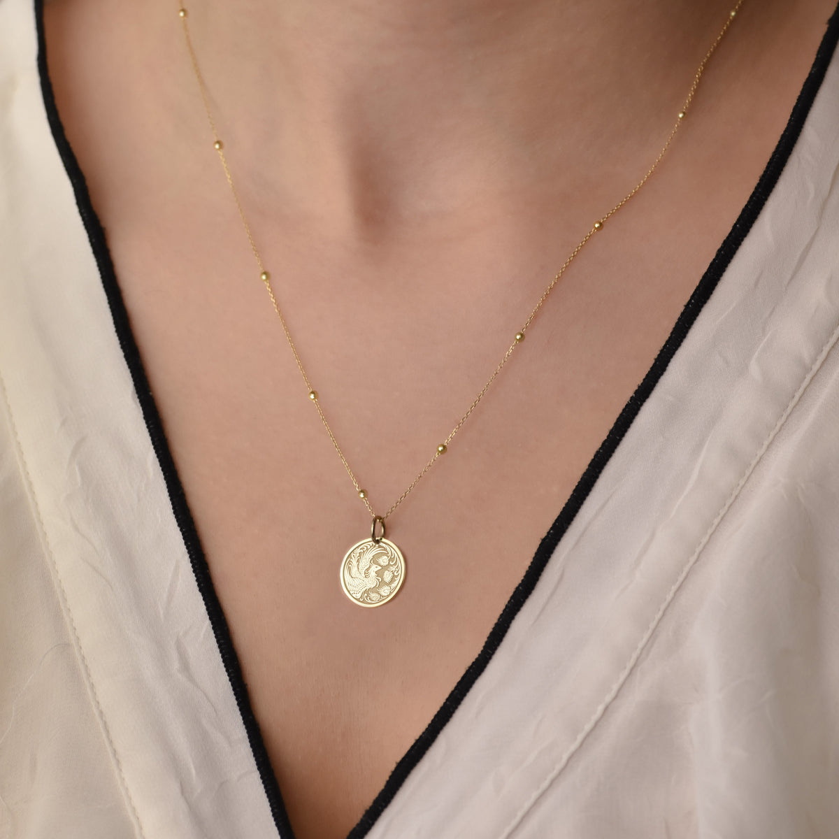 14K Gold Phoenix Bird Pendant Necklace