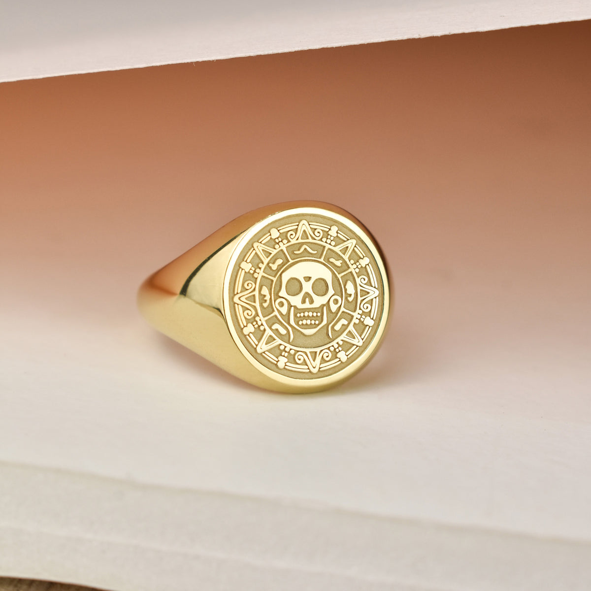 14K Gold Pirate Skull Coin Signet Ring