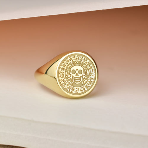 14K Gold Pirate Skull Coin Signet Ring