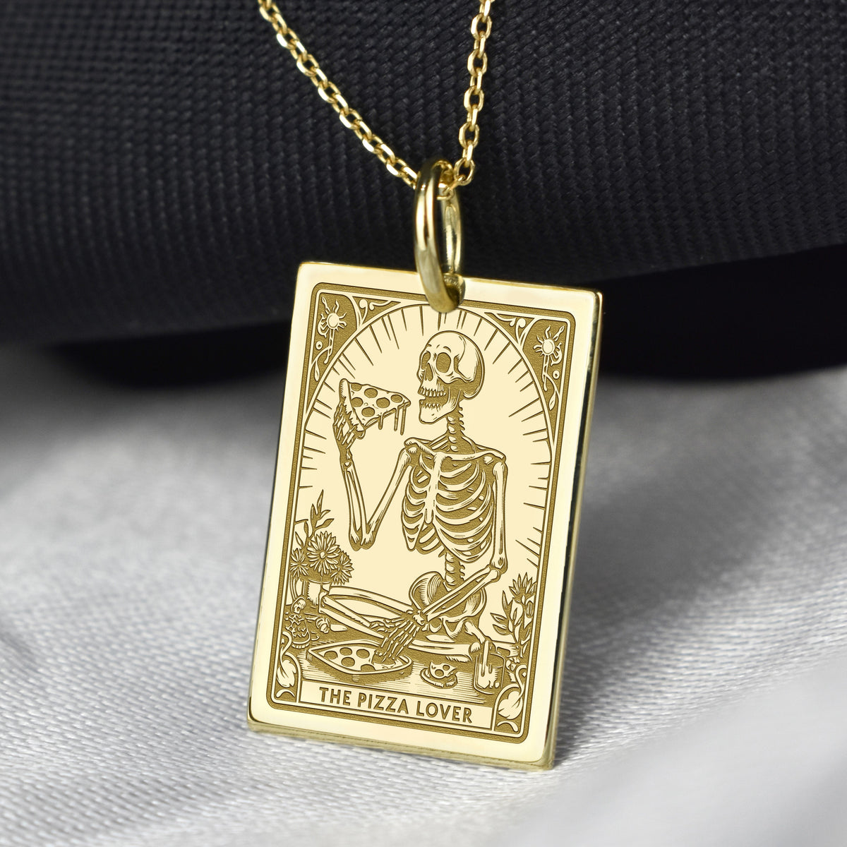 14K Gold Pizza Lover Tarot Card Pendant Necklace