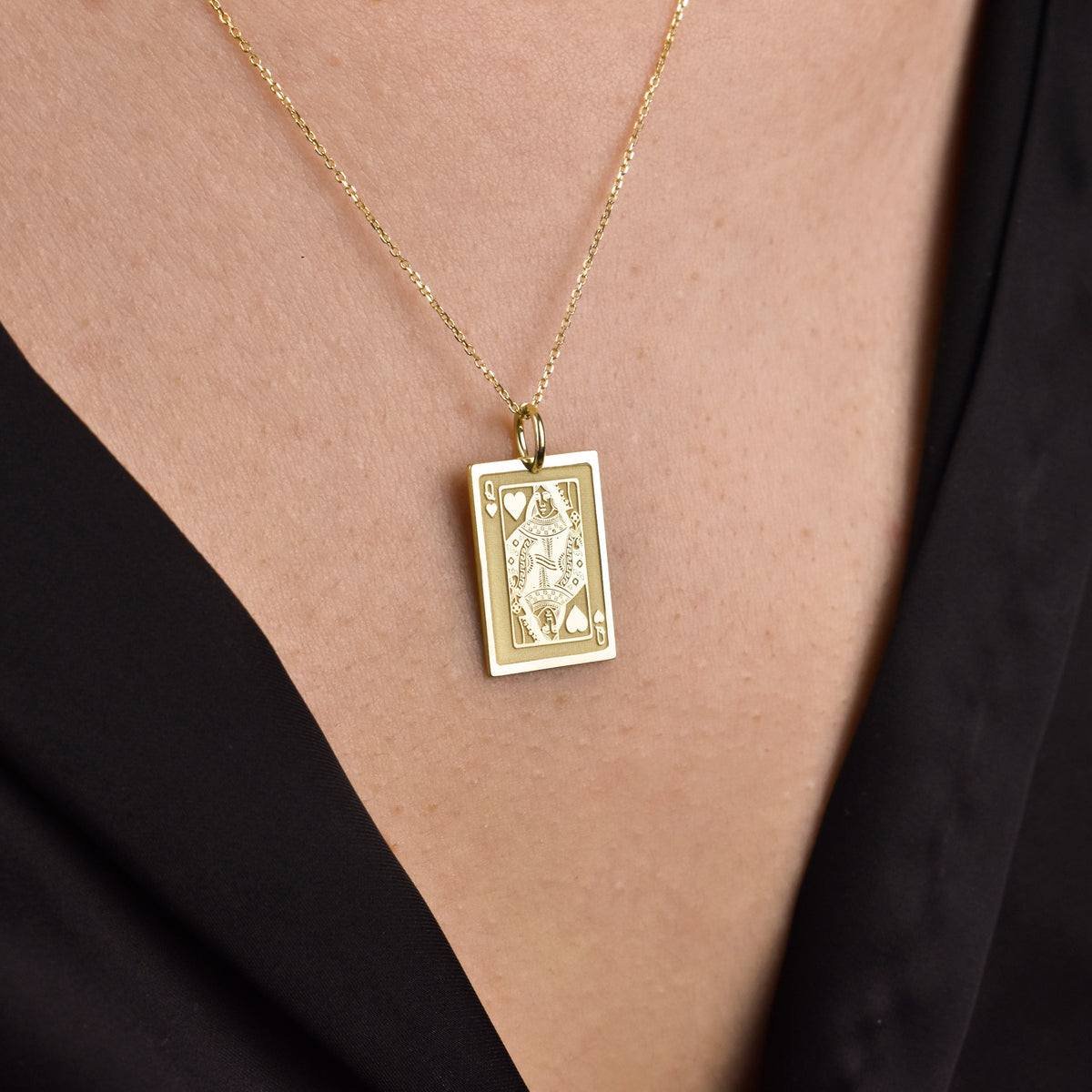 14K Gold Queen of Hearts Playing Card Pendant Necklace