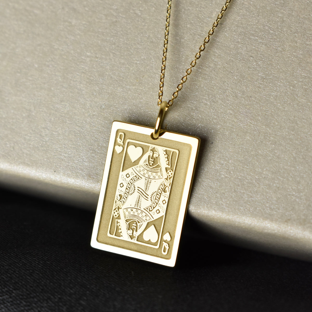 14K Gold Queen of Hearts Playing Card Pendant Necklace