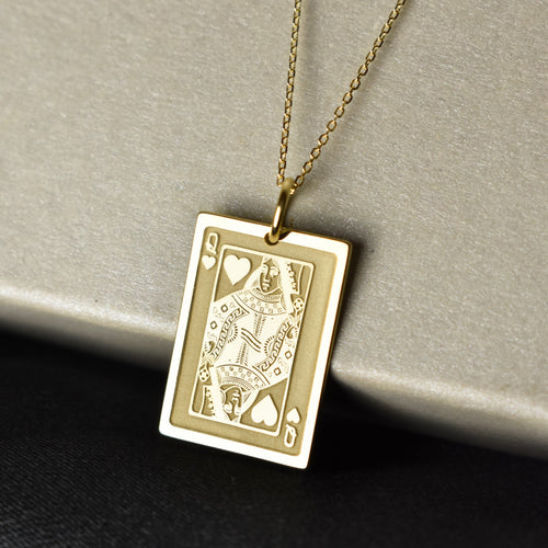 14K Gold Queen of Hearts Playing Card Pendant Necklace