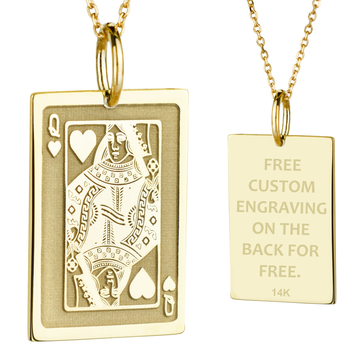 14K Gold Queen of Hearts Playing Card Pendant Necklace