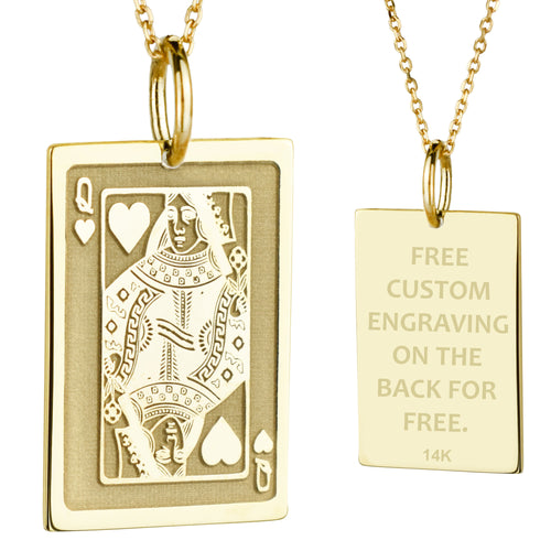 14K Gold Queen of Hearts Playing Card Pendant Necklace