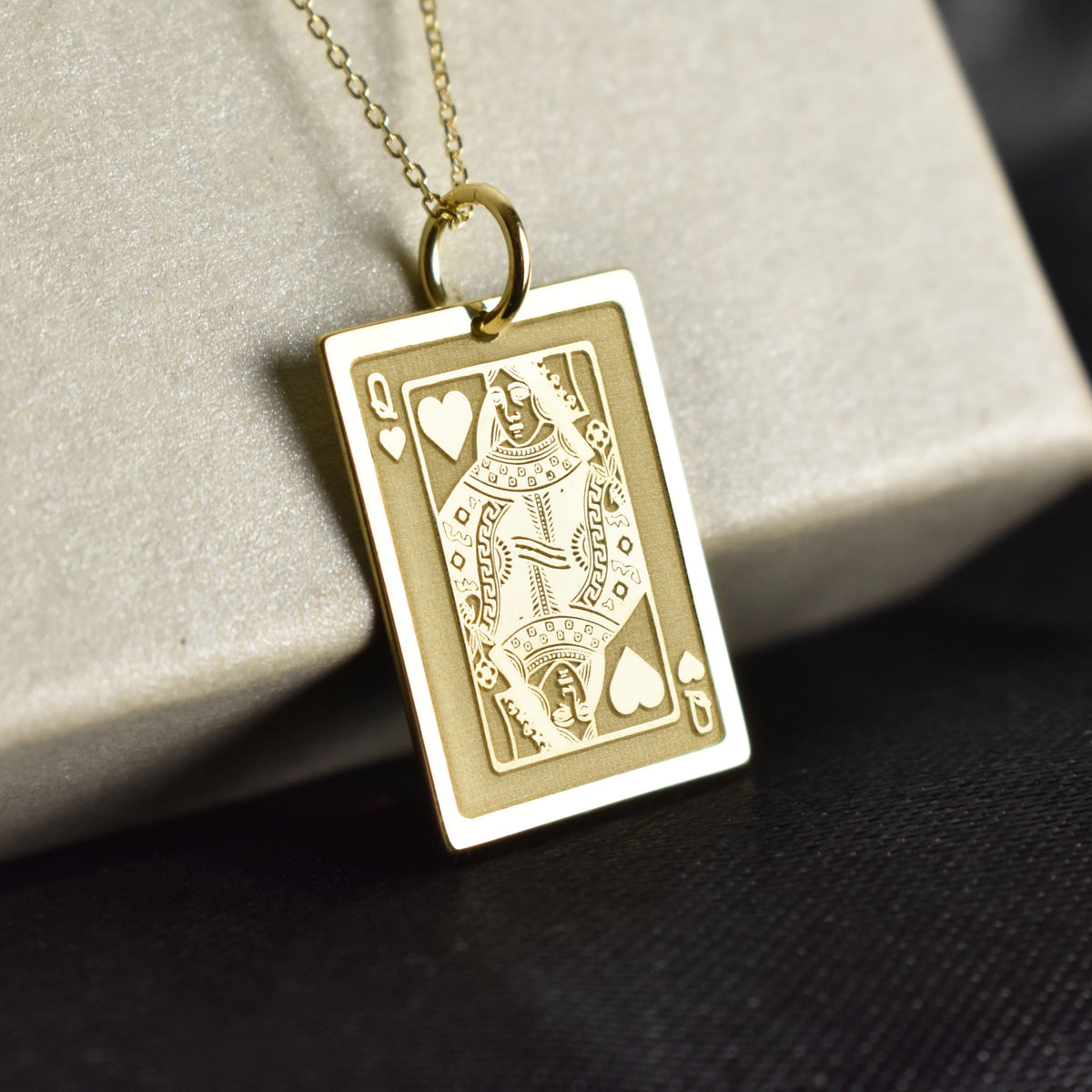 14K Gold Queen of Hearts Playing Card Pendant Necklace