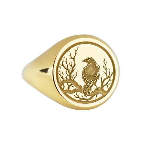 14K Gold Raven Signet Ring