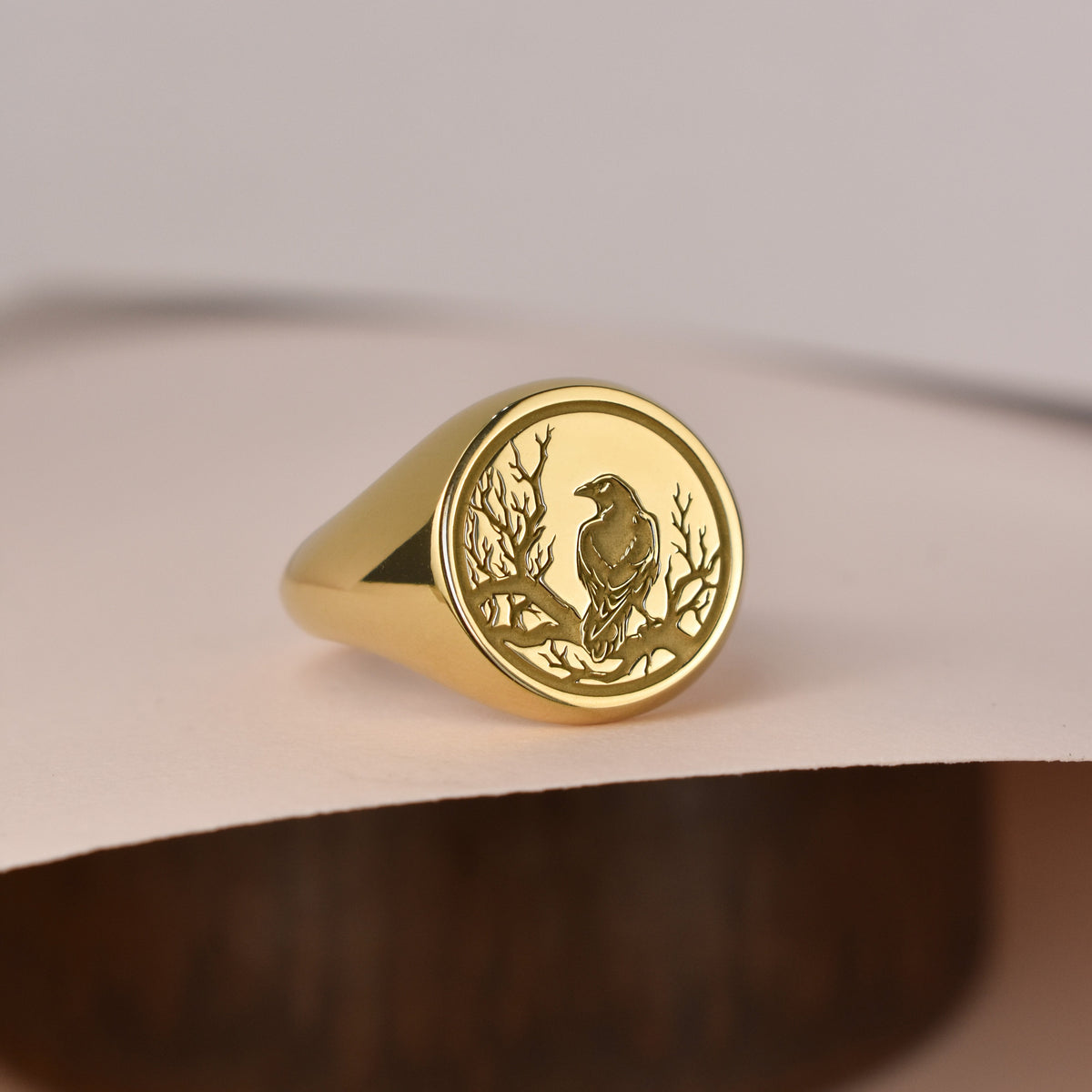 14K Gold Raven Signet Ring