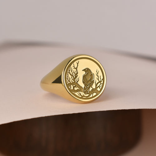 14K Gold Raven Signet Ring