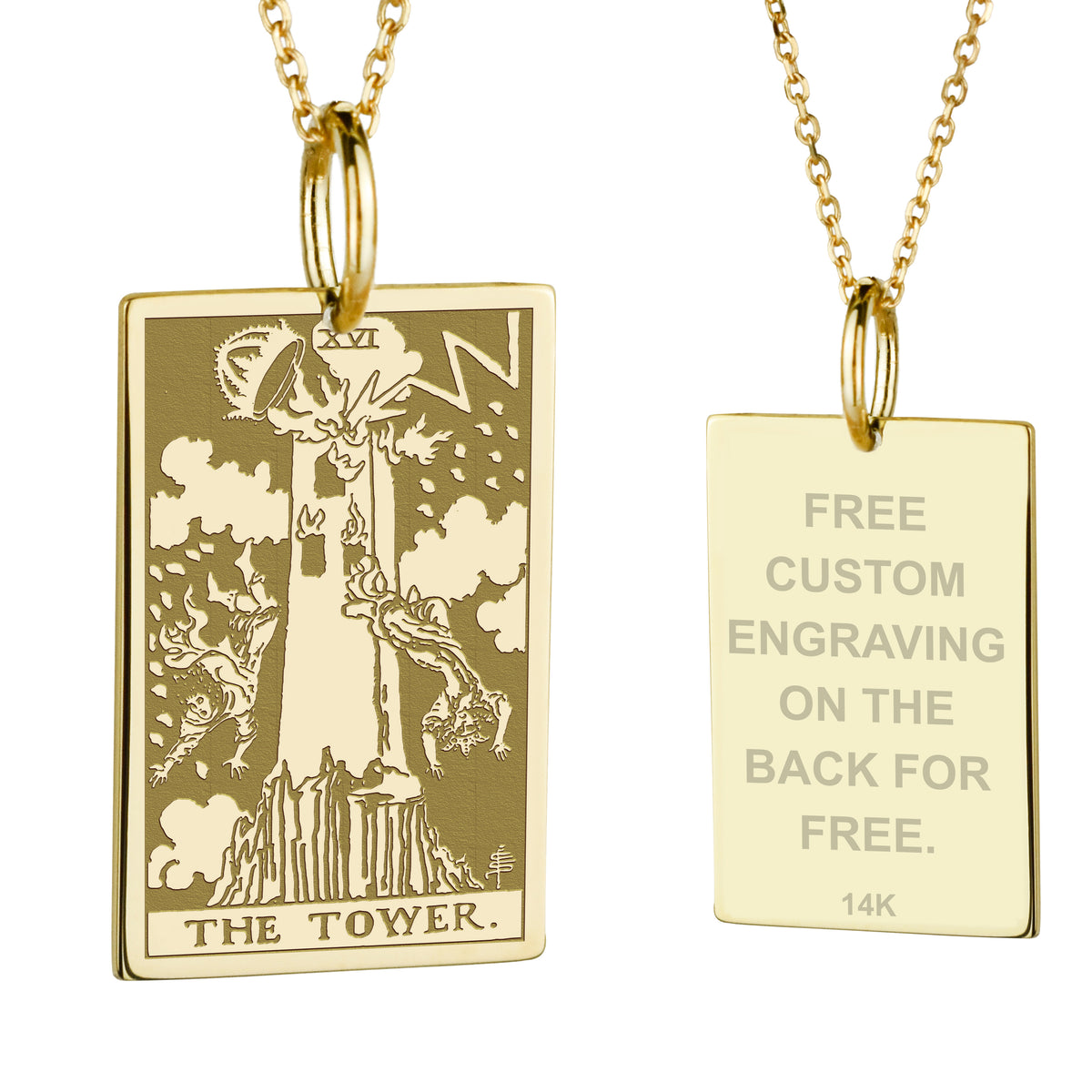 14K Gold Tower Tarot Card Pendant Necklace
