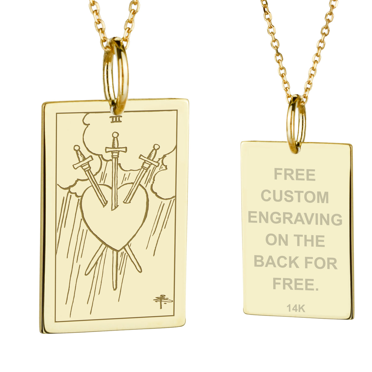 14K Gold Three of Swords Tarot Card Pendant Necklace