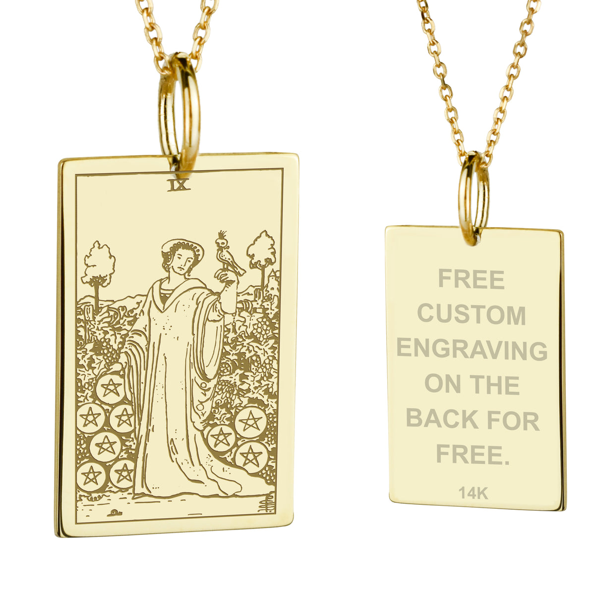 14K Gold Nine of Pentacles Tarot Card Pendant Necklace