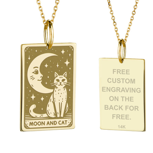 14K Gold Moon and Cat Pendant Necklace