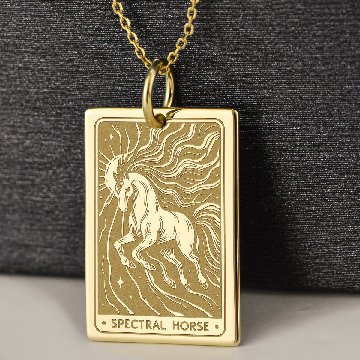 14K Gold Spectral Horse Tarot Card Pendant Necklace