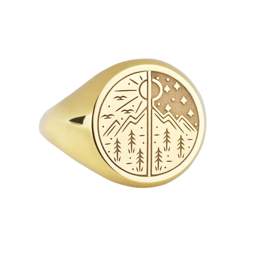 14K Gold Sun and Moon Signet Ring