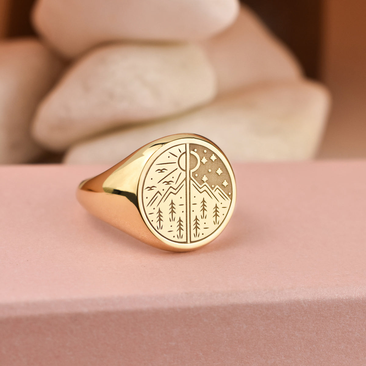 14K Gold Sun and Moon Signet Ring