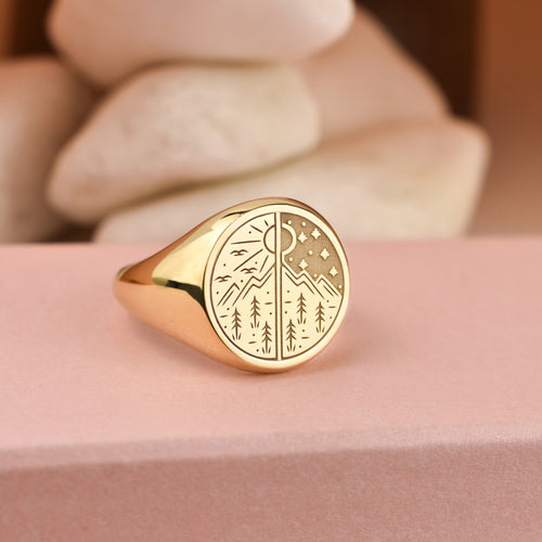 14K Gold Sun and Moon Signet Ring