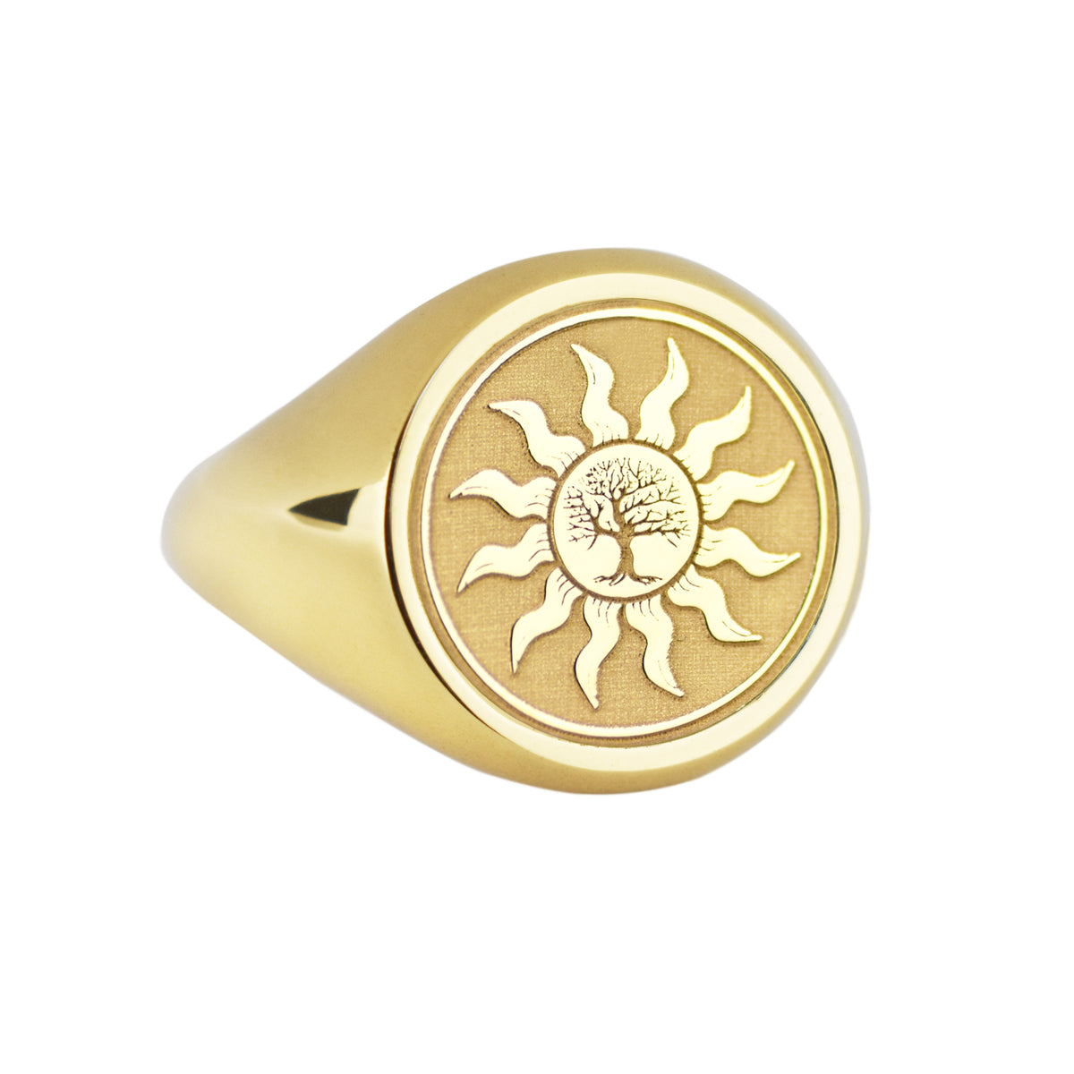 14K Gold Tree of Life Sun Signet Ring