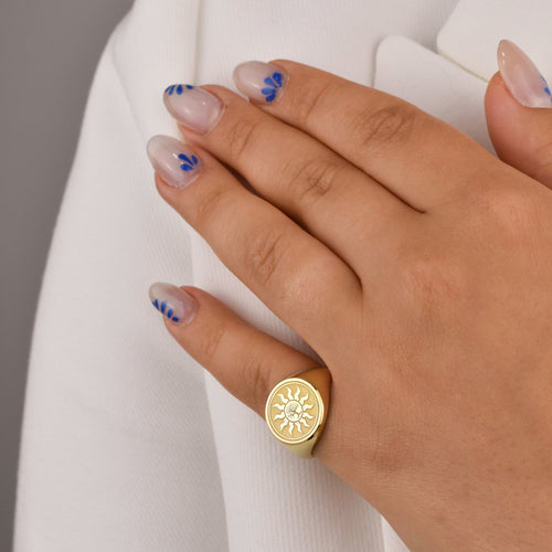14K Gold Tree of Life Sun Signet Ring