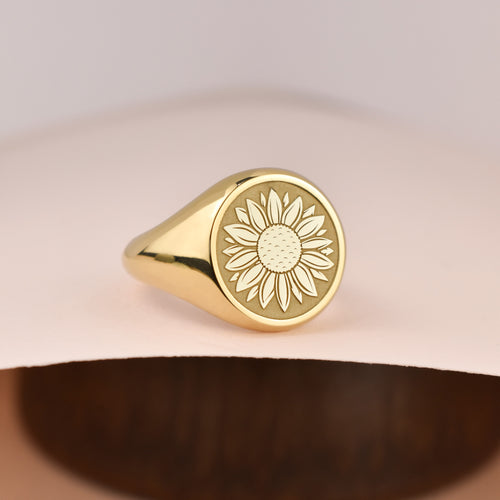 14K Gold Sunflower Signet Ring